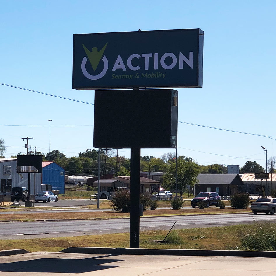 Action Seating & Mobility of Muskogee, Oklahoma roadway sign