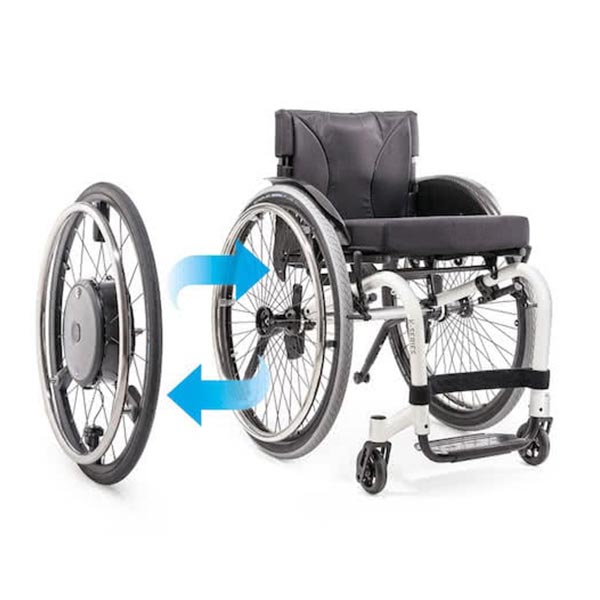 Alber e-motion manual wheelchair power assist wheel system attaching to a manual wheelchair