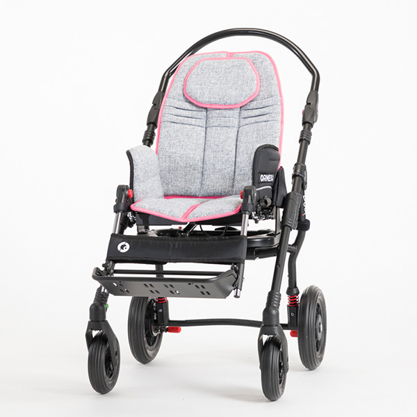 Bug pediatric tilt-in-space wheelchair front view light gray and pink