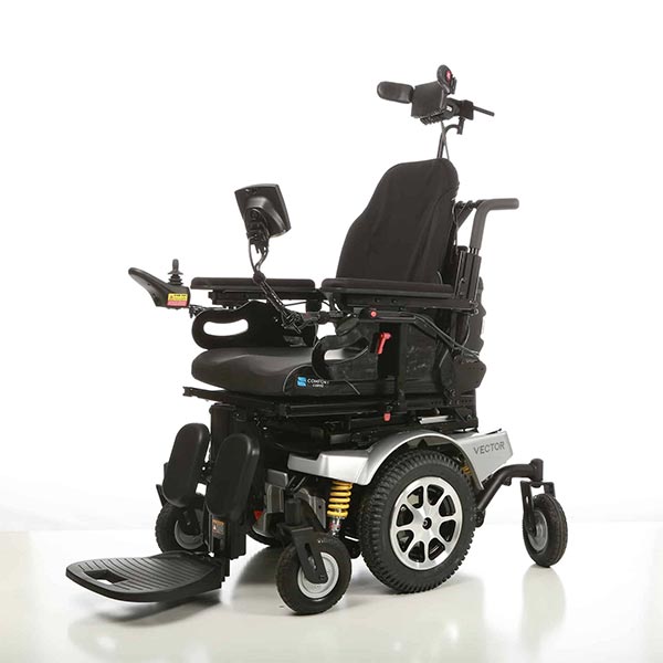 Vector Rehab Tilt & Recline Power Wheelchair side view without tilt