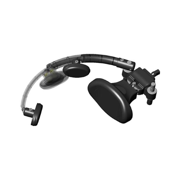 Picture of the padded head controls of the Permobil Total Control Head Array System and their ability to extend as needed for the comfort of the person in the wheelchair