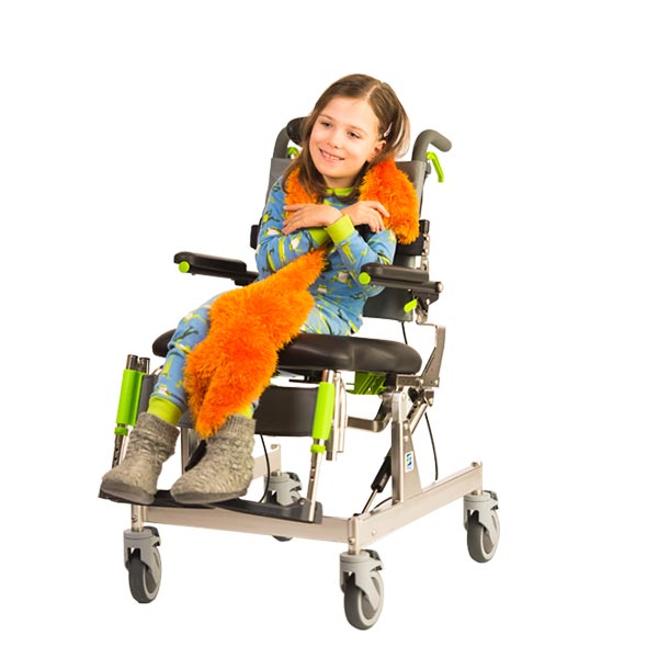 A pediatric female user of the Raz Design Raz-CAT Tilting Mobile Shower Commode Chair